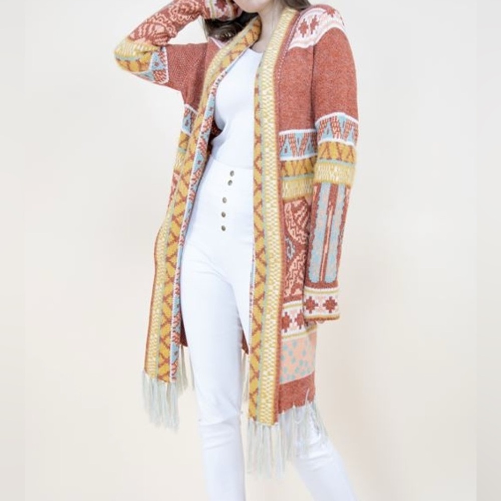 Aztec Pattern Boho Orange Blue White Fringed Open… - image 2